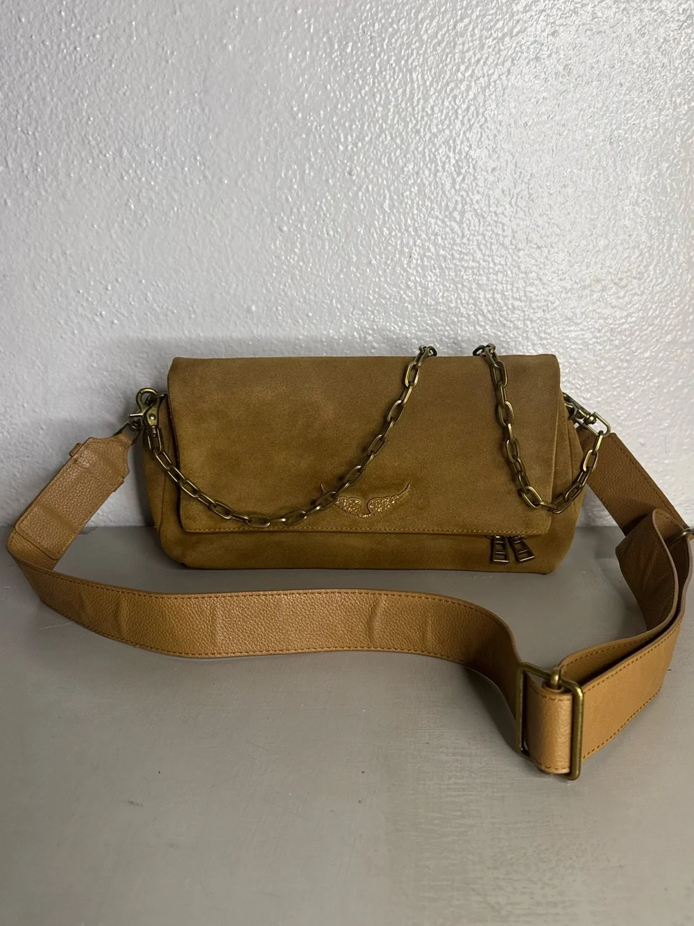 Zadig & Voltaire Rocky Suede Bag Tan Crossbody Clutch Gold Chain Calf Leather